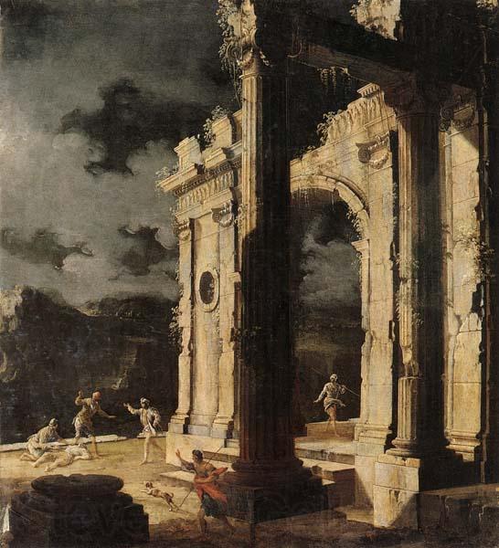 Leonardo Coccorante An architectural capriccio with figures amongst ruins,under a stormy night sky Spain oil painting art